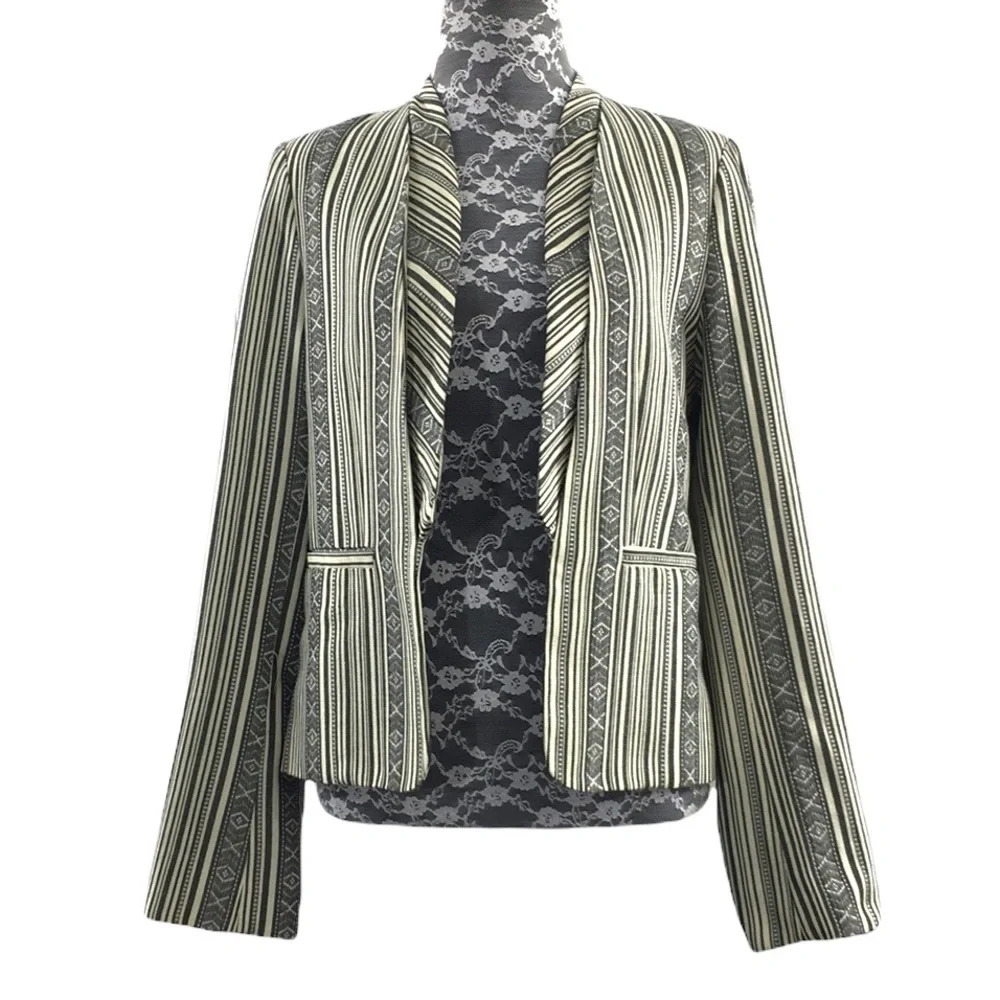 Line & Dot Gray Cream Striped Blazer Jacket Womens Medium Open Front
